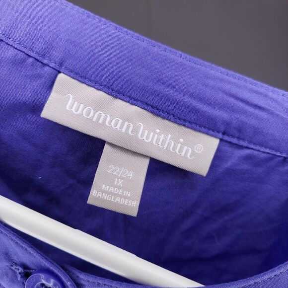 Woman Within Button Top 1X 22/24 Purple Cotton Pleated Long Sleeve V-Neck - Picture 4 of 7